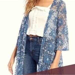 NWT Miss Chievious size L Floral Lace Blue Cardigan/Kimono, 3/4 length sleeved